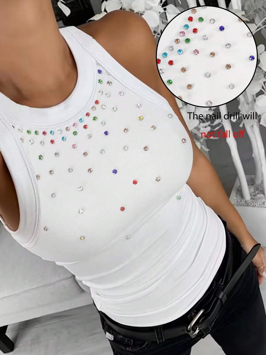 EMERY ROSE Áo tank top nữ cổ tròn, dây bản rộng, thời trang, họa tiết kim cương nhiều màu sắc.