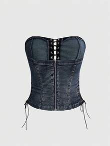 ROMWE 性感朋克摇滚图案抹胸露脐上衣，女士牛仔衬衫 - 灰色 - 查看 2