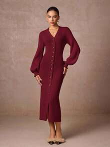 Lumalex Elegant Commuter Solid Color Front Button Fitted Knit Dress,Fall,Fall Clothes For Women,Women's Winter Clothes - Burgundy - View 4
