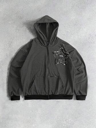 Men's Pentagram Patch Striped Long Sleeve Zip Front Casual Pocket Hoodie