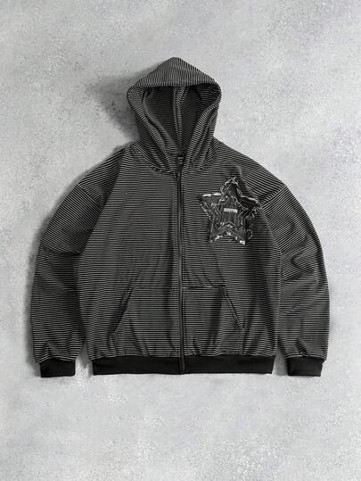 sweat-shirt à capuche zippé décontracté à manches longues, rayures et patch pentagramme pour hommes, avec poches