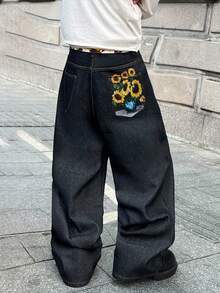 STEELVANCE 复古街头时尚百搭小众设计数码向日葵印花休闲宽松直筒牛仔裤
