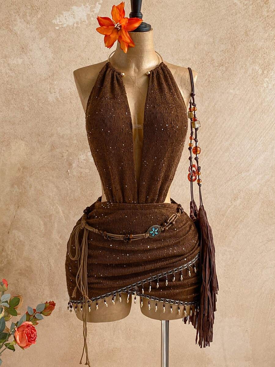 Soleia 女士性感复古图案网纱深V领串珠装饰紧身迷你连衣裙，适合节日派对、圣诞节、约会之夜、夜店、波西米亚风、度假、秋季等场合。 - 棕色 - 查看 1