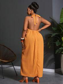 Slaydiva 2026 Spring/Summer New Music Festival, Easter, St. Patrick's Day, Western, Nomadic, Birthday Party, Graduation, College Style, Student Wear, Daily Casual, All-Match Versatile, Leisure, Cruise Travel, Beach, Sunbathing, Viral , Streetwear, Wedding Guest Boho, Commute, Brunch, Airport, Party & Holiday Women Sleeveless Summer New Fashion Loose Tie Strap Maxi Dress - Orange - View 2