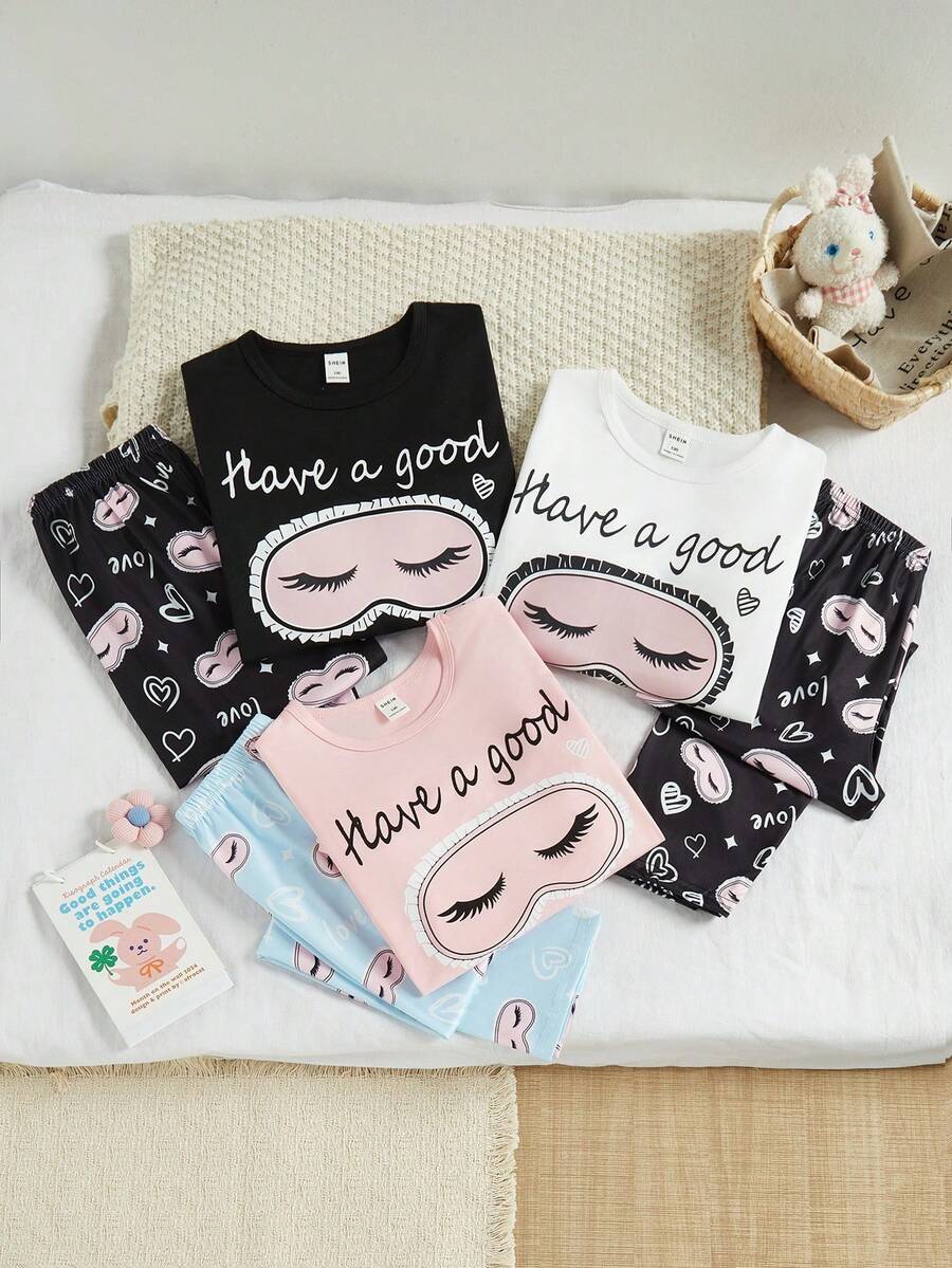 2pcs/Set Tween Girls Pajamas-Pajama Set Pink Long Sleeve Round Neck Letter Printed Sleep Eyes Top With Blue Printed Pants Cute Loungewear Four Season Sleepwear 2026 New Year Essential Girls Pyjama Sleep Wear Girl Teen Girl Pajama Set - Multicolor - View 1