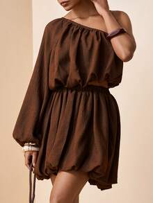 Zivah 2026 Spring & Summer New Arrival Wedding Season, Music Festival, Easter, Western, Nomadic, Bohemian, Nashville Style Party, Wedding, Gala, Date, Gathering, Birthday, College, Student, Daily Casual, Basic Versatile, Leisure, Vacation, Cruise Travel, Beach, Sunbathing, Trending, Elegant, Commute, Business Casual Oblique Shoulder Long Sleeve Ruched Crop Top + Loose Flare Mini Skirt Coffee Brown 2-Piece Set, Spring/Summer Party Set, Commute Set, Elegant Set, Vacation Set, Women 2-Piece Outfit - Coffee Brown - View 6