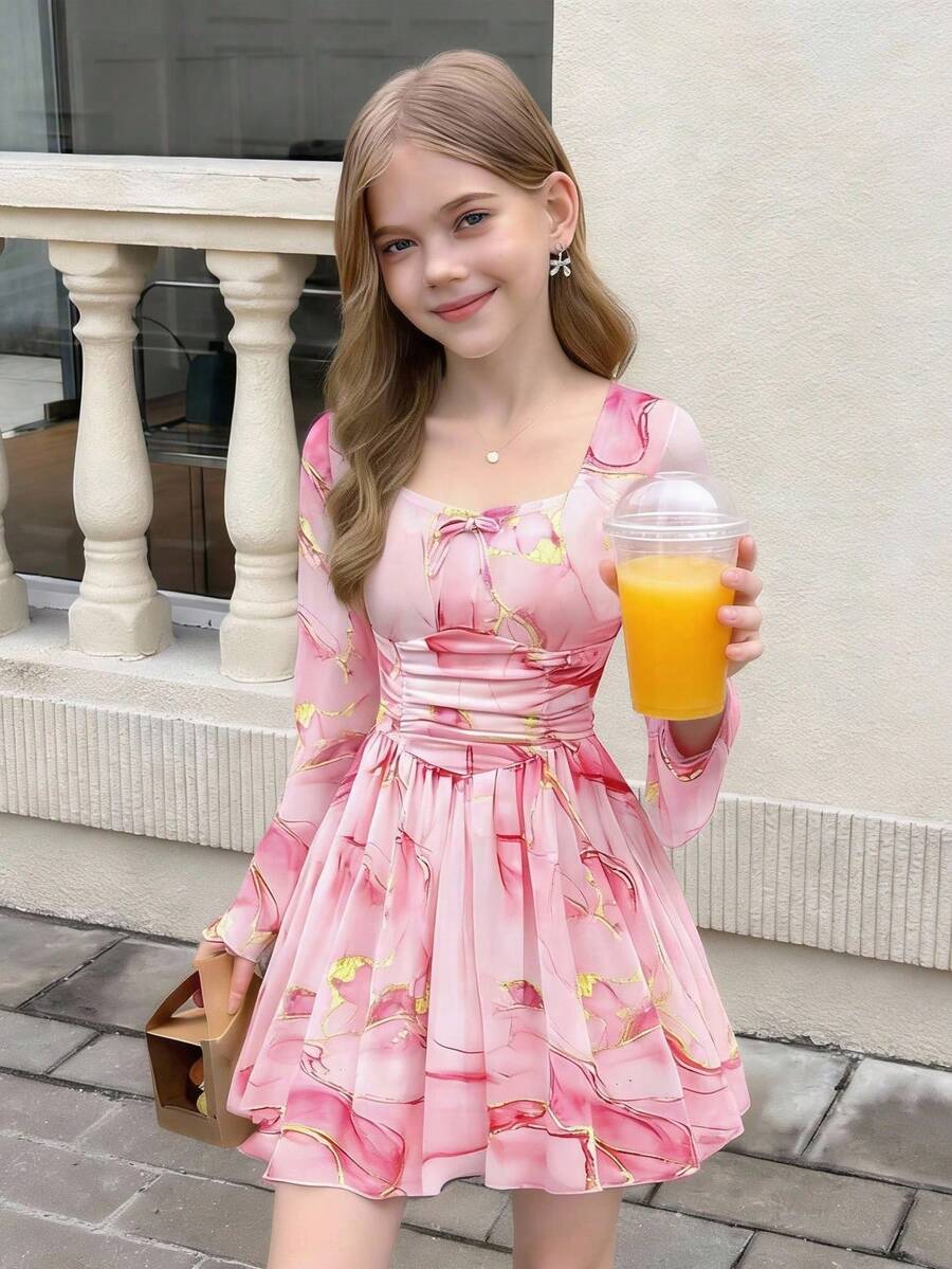 SHEIN Tween Girl Tie-Dye Print Sweetheart Collar Ruched Flare Sleeve Waist Cinched Long Sleeve Dress, Princess Style Dress, Tween Girls Pink Dress, Suitable For Valentine's Day, Wedding, Birthday Party - Pink - View 1