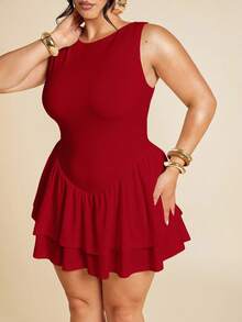 SHEIN BAE 大码女装春夏基础款纯白色无袖紧身褶皱修身优雅迷你双层荷叶边连体裤，女士连衣裙，情人节连体裤，日常连体裤，优雅连体裤，白色连体裤 - 紅色 - 查看 6