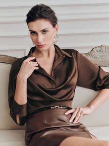 Anewsta Women's Spring New Luminous Texture Satin Half-Placket Lapel Collar Long Sleeve Blouse - Rust Brown - View 3