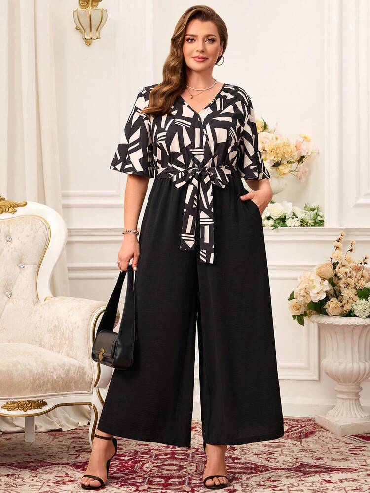 Plus Size Casual & Commute Geometric Print Patchwork Black Jumpsuit For Summer/ Vacation Plus Size Jumpsuits Elegant Plus Size Pants Suit Pants Set Summer Blouse And Pants Set Jumpsuit With Wide Leg Pants