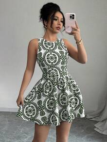 Elenzga Đầm mini thời trang không tay, hở lưng, buộc dây, in họa tiết cây cỏ dành cho nữ, thích hợp cho kỳ nghỉ. - màu xanh lá - Xem 4