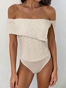Aloruh Women's Fashion Textured Off Shoulder Asymmetrical Pleated Bodysuit,Off-White,Summer,Casual Sexy,Wedding,Solid Color,Elegant Everyday Beach - Apricot - View 6