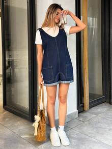 SHEIN 100% Cotton Women's Denim Dark Wash Jumpsuits - Dark Wash - View 4