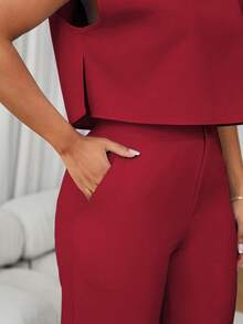 SHEIN Unity 法式圆领短袖休闲上衣和高腰阔腿裤两件套女装 - 酒紅色 - 查看 6