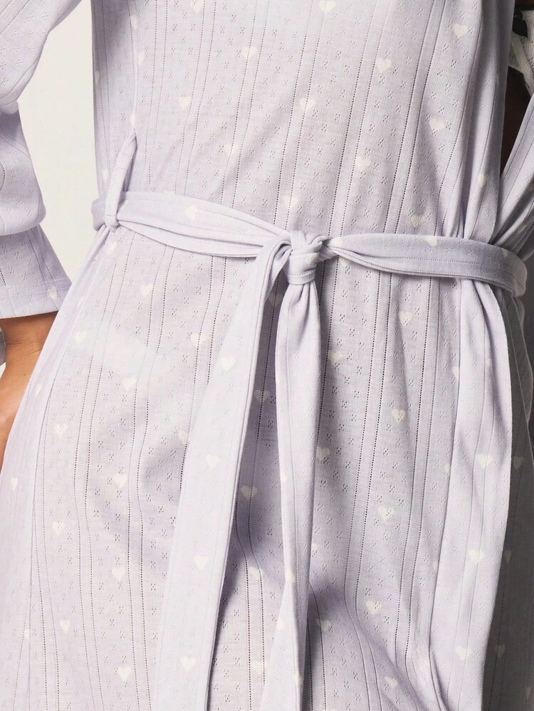 MISSGUIDED Lavender Pointelle Print Short Kimono Robe With Belt Long Sleeve Open Front Lightweight Sleepwear Loungewear Cover Up