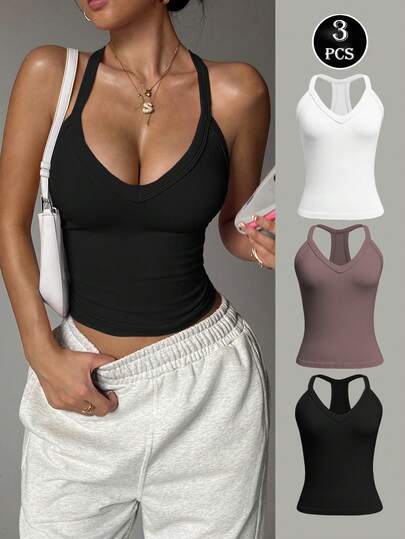 Dewbera Set de 3 camisetas sin costuras de cuello en V, en negro, caqui y blanco, para yoga, running y fitness