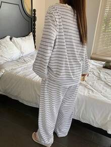 Dazy Plus Fashionable Striped Contrast Lace Loose Casual Pajama Set, Includes Top And Pants, Suitable For Spring And Autumn - Grey - View 7