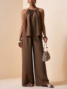 Zivah Women's Sleeveless Ruched Halter Top And Wide Leg Pants Casual Suit - Coffee Brown - View 2