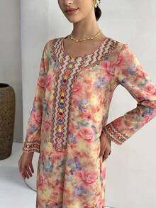 Yasmyna 女士几何刺绣花卉印花休闲日常派对阿拉伯传统长袖连衣裙 - 粉色 - 查看 7