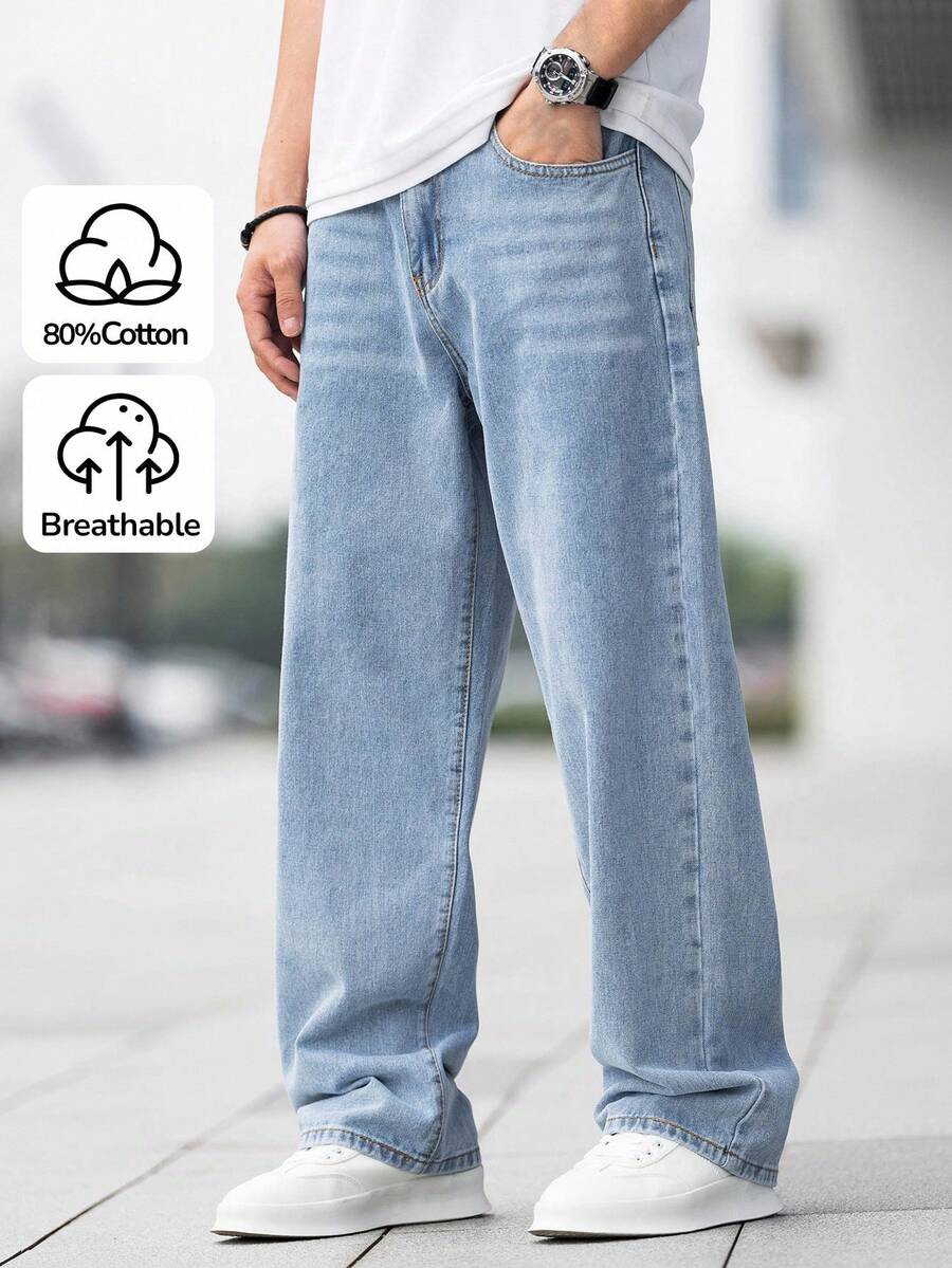 SHEIN Tween Boys' Light Blue Straight Loose Casual Jeans With Pockets, Versatile - Light Wash - View 1