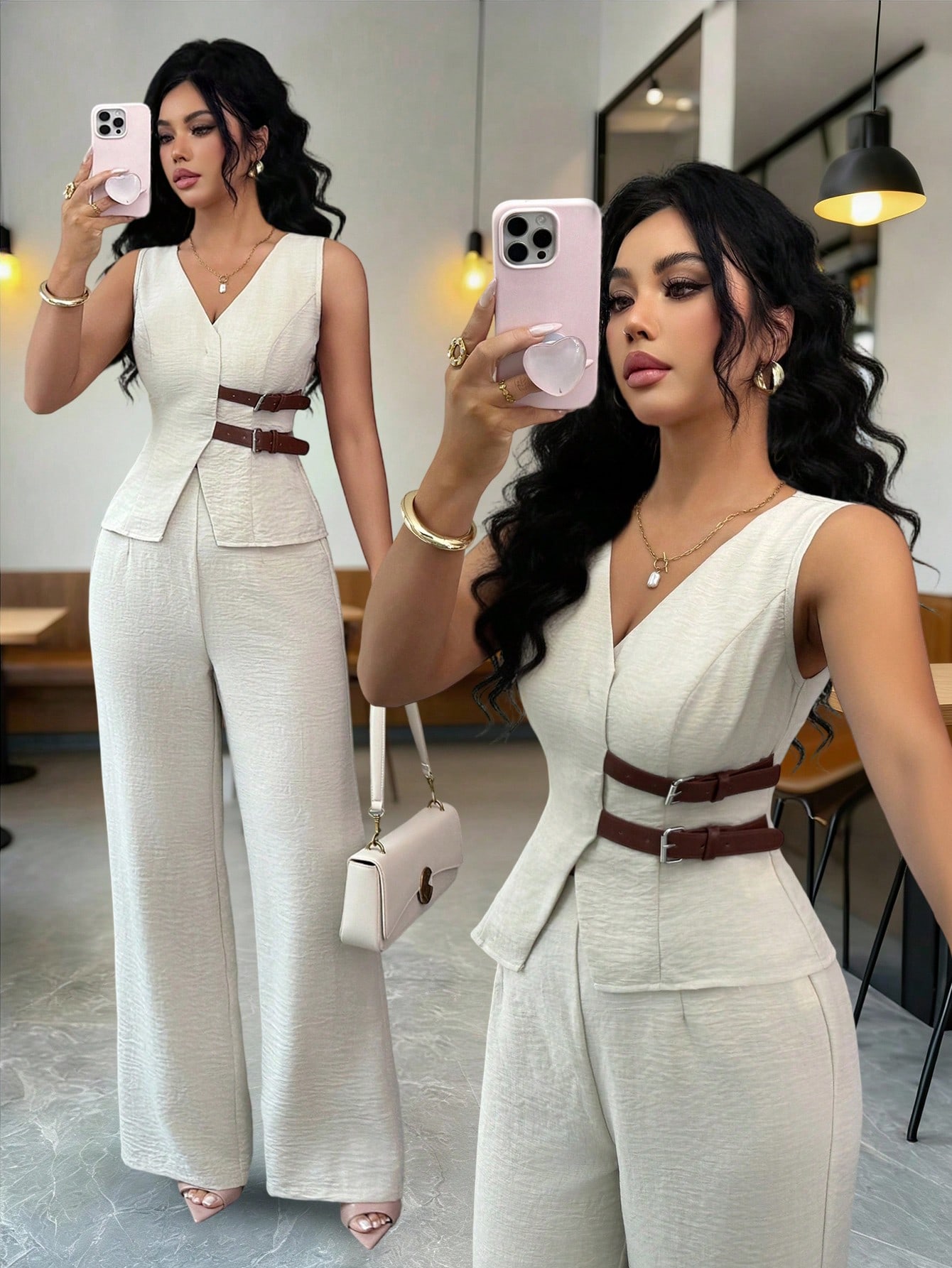 SHEIN Elenzya بدلة نسائية أنيقة بدون أكمام مزينة ب...