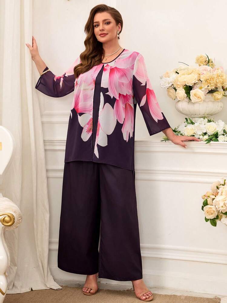 Plus Size Elegant Commuter Floral Print Shirt & Pants 2 Pieces Set For Summer/ Vacation Three Piece Sets For Women Pant Suit Set Plus Women Suit Sets Blouse And Pants Set Purple Sets For Women