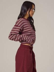 MUSERA Stripe Knit Button Through Cardigan Spring, Girly, Day Outfits, Cute, Casual Sweet Pea Spring - Burgundy - View 2
