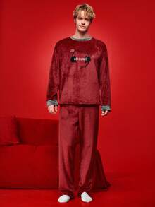 男士圆领字母和耳机刺绣图案长袖上衣和裤子休闲家居服套装 - 酒紅色 - 查看 3