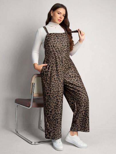 Comfylo Plus Size Women Leopard Print Pocketed Wide Leg Casual Jumpsuit, Autumn Valentine Outfits For Women Carnival Party Going Out Vacation Brown Casual