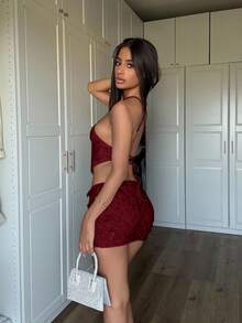 Ronhire 女式纯色亮片不对称下摆露背背心和迷你裙性感时尚两件套 - 酒紅色 - 查看 6