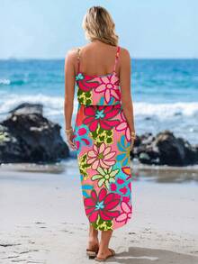 Sylviya 女士彩色几何花卉印花度假风格柔软扎染腰开衩吊带夏季连衣裙 - 彩色 - 查看 2
