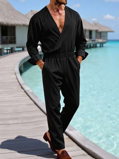 Manfinity RSRT Herrjumpsuit med avslappnad passform, enfärgad, överlappande V-ringning och långärmad, för man/pojkvän, för vardagsbruk