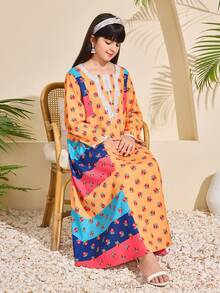 SHEIN Kleid mit Blumen-Kontrastfarbdruck rundum, dickes weiches 4-Wege-Stretchgewebe, elegante traditionelle arabische Kleidung Abaya - Verschiedenfarbig - Übersicht 8