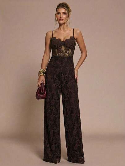 SHEIN BAE Women's Lace Patchwork Sexy Fashion Vacation Party Jumpsuit