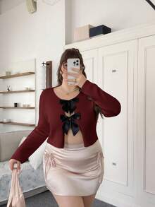 Comfortcana Plus Size Crew Neck Bow Contrast Color Casual Cardigan, Autumn/Winter