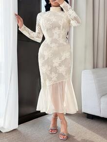 Feyla 优雅通勤3D花卉蕾丝荷叶边下摆女式连衣裙 - 米色 - 查看 3