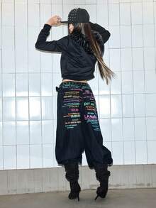ROMWE Grunge Punk Quần jeans ống rộng dáng thoải mái, in khẩu hiệu màu sắc sặc sỡ, phong cách retro Y2K. - Màu xanh hải quân - Xem 1
