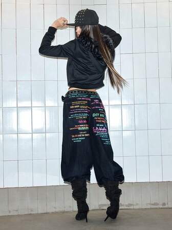Grunge Punk Jeans a vita alta e gamba ampia, con stampa di slogan colorati e stile retrò sexy, vestibilità rilassata, in stile Y2K