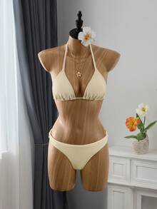 Bellisia 2022春夏度假沙滩四件套：可爱提花米色配套和服罩衫、半身裙和泳衣 - 米色 - 查看 6