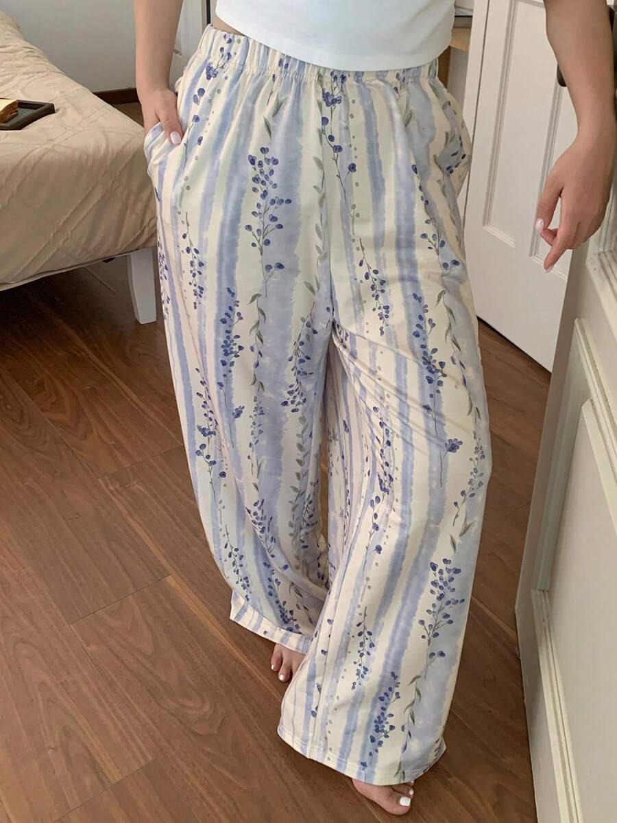 Dazy Plus 时尚休闲碎花不对称条纹宽松直筒睡裤 - 藍色 - 查看 1