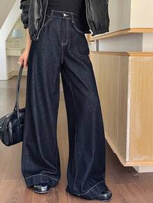 DAZY 女士复古宽松喇叭牛仔裤，春季款 - 藍色 - 查看 3