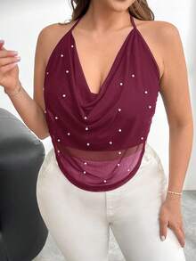 Firerie Áo hai dây và áo tank top cỡ lớn thoải mái, giản dị, thanh lịch, đa năng, thích hợp cho kỳ nghỉ, buổi hòa nhạc, lễ hội âm nhạc, xếp ly, cổ rủ, đính ngọc trai, lưới, hở lưng, dự tiệc cho nữ, mùa xuân/hè. - Màu Đỏ Sâu - Xem 5
