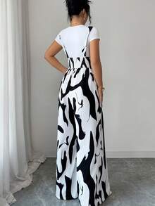 Elenzga Women's Elegant Digital Print Straight Leg Pants With Suspender And Button Decor, High-Waisted Design To Accentuate Curves, Versatile For Formal Work, Commute, Sexy Attire, Romantic French Style, Casual Outings, Vacations, Middle Eastern Vintage Themed Events, Cozy Afternoon Tea Gatherings, Glamorous Parties, As Well As New Year, Thanksgiving, Christmas, Valentine's Day And Other Holiday Celebrations - Black and White - View 2