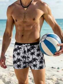 Manfinity Swimmode Men's Tropical Coconut Tree Print Drawstring Waist Casual Beach/Pool Swim Trunks  Men Swim Trunks Board Shorts With Compression Liner Bathing Suit Quick Dry  ,Hawaiian - Black and White - View 1