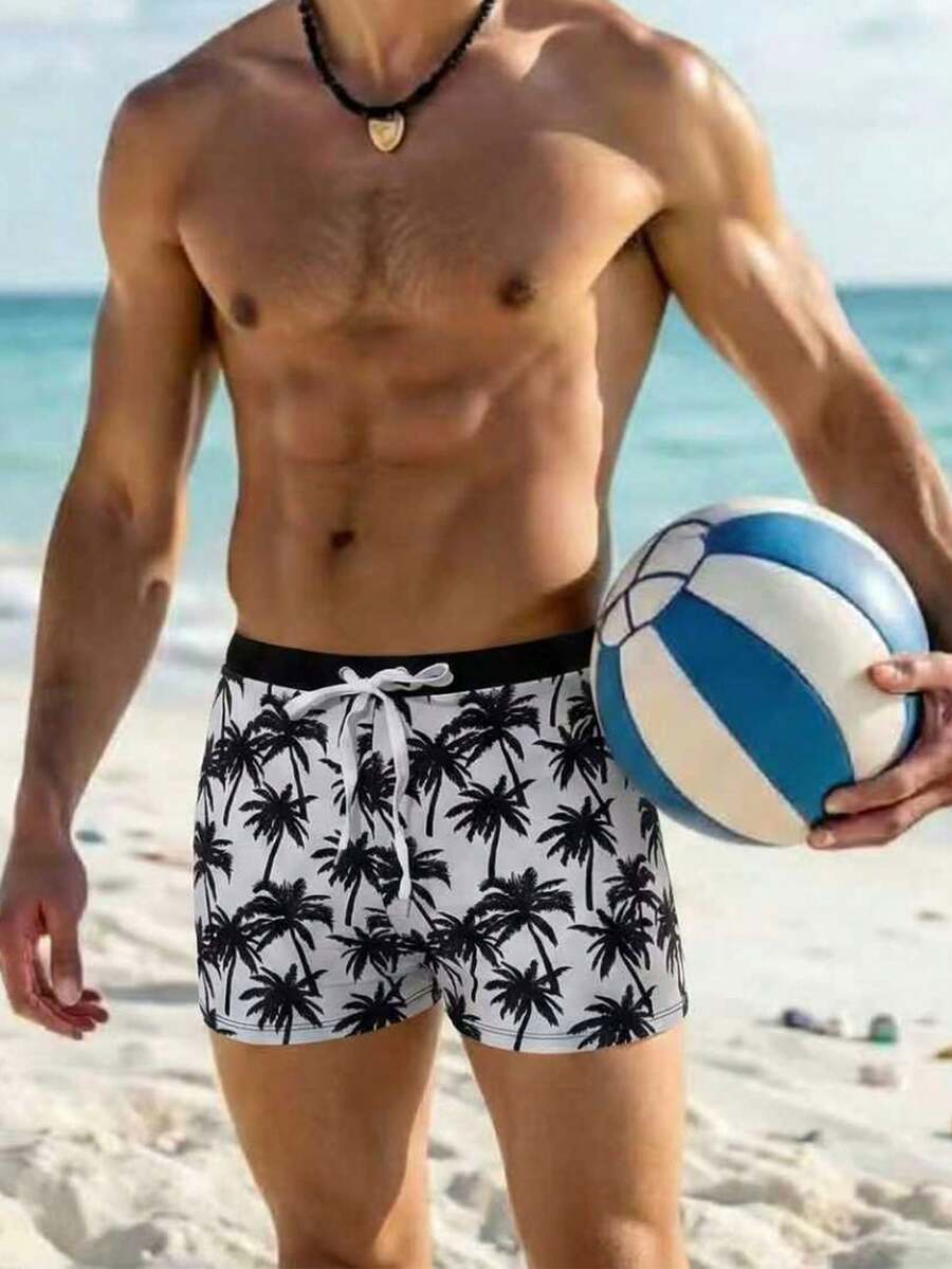 Manfinity Swimmode Men's Tropical Coconut Tree Print Drawstring Waist Casual Beach/Pool Swim Trunks  Men Swim Trunks Board Shorts With Compression Liner Bathing Suit Quick Dry  ,Hawaiian - Black and White - View 1