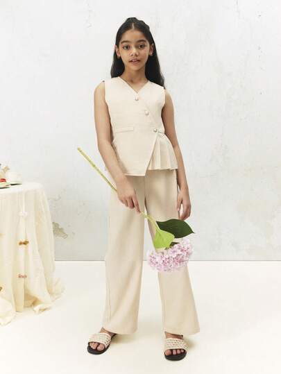 SUMWON Sleeveless Button Front Vest And Wide Leg Pant Coordinate Set With V Neckline Pearl Buttons Two Piece Outfit
