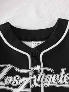 SHEIN Playful Pals Baby Boy Fashion Street Sports Baseball Jacket, Football Jersey, Basketball Jersey Style Jacket & Shorts Set, Baby Sports Outfit, Spring/Summer Set Baby Street Wear Baby Basketball Jersey Baby Boy Clothes Letterman Los Angeles Baby Boy Jersey Toddler Baseball Outfit - Black and White - View 4