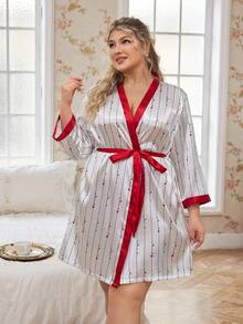 CottageSlumber Women's Elegant Color Block Faux Silk Heart & Letter Print Plus Size Robe - White - View 6