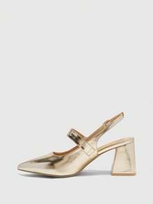 CUCCOO BIZCHIC Women's Fashion Apricot Color Metal Buckle Decor Chunky Heels Pumps, Classic Minimalist Design For Commuting, Dating, Party, Holiday, Wedding Valentine's Day Spring Shoes - Gold - View 10