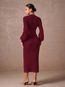 Lumalex Elegant Commuter Solid Color Front Button Fitted Knit Dress,Fall,Fall Clothes For Women,Women's Winter Clothes - Burgundy - View 2